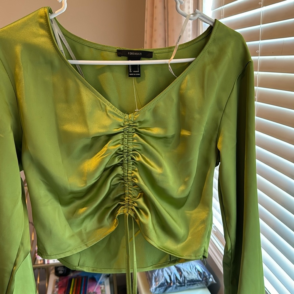 long sleeve green satin top